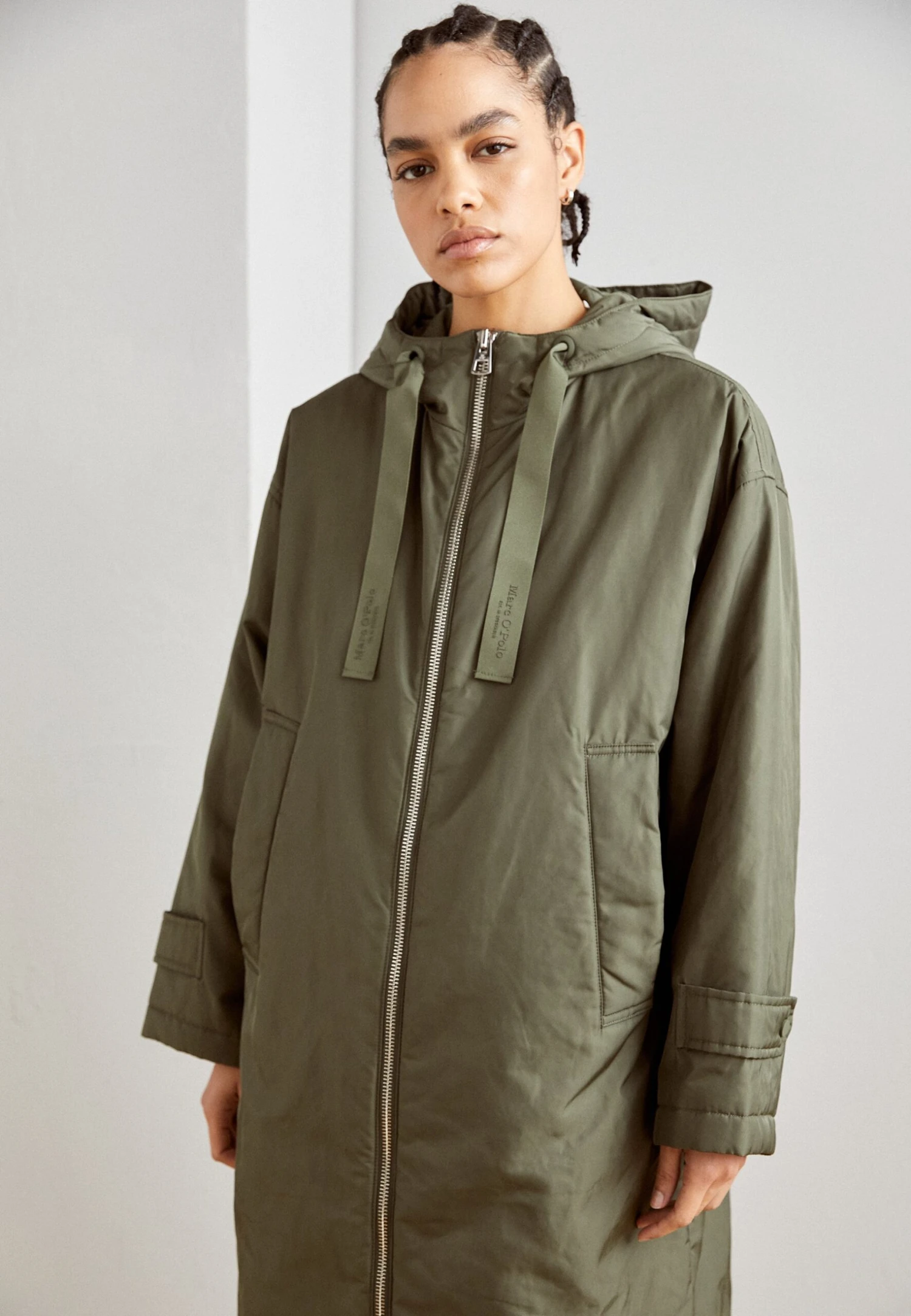 Marc O'Polo Coat Long Padded Fixed Hood Zipper Drawstring Waist - Parka - Olive Crop